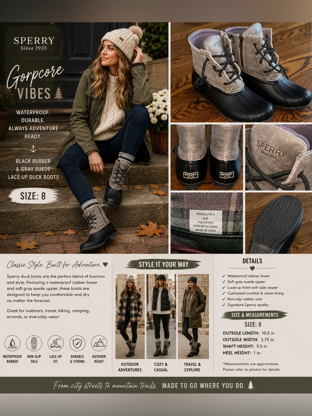 Sperry Black Rubber and Gray Suede Lace-Up Duck Boots Gorpcore Women’s Size 8